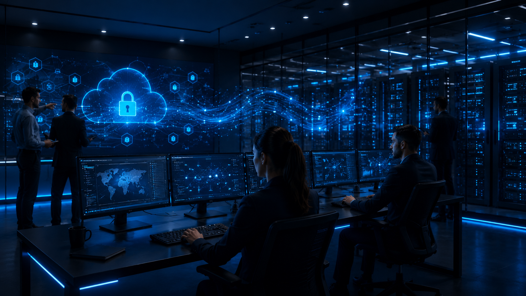 Equipo de consultoría IT colaborando en una oficina moderna con paneles de seguridad digital